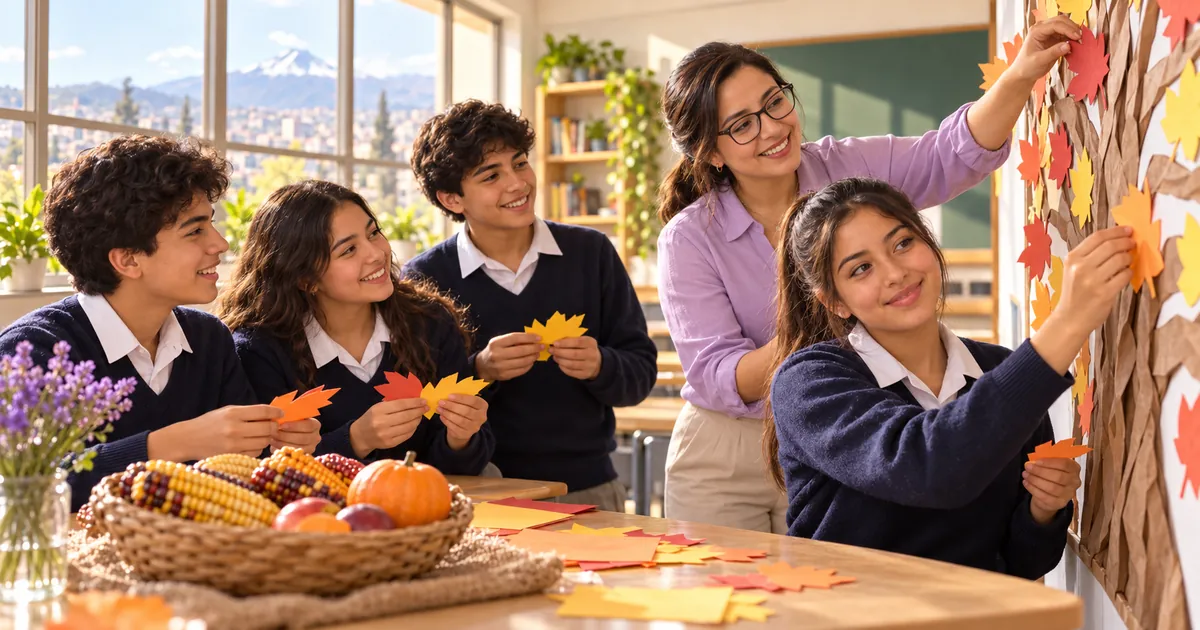 Teacher Andrea and her students decorate a paper tree with autumn leaves for Thanksgiving