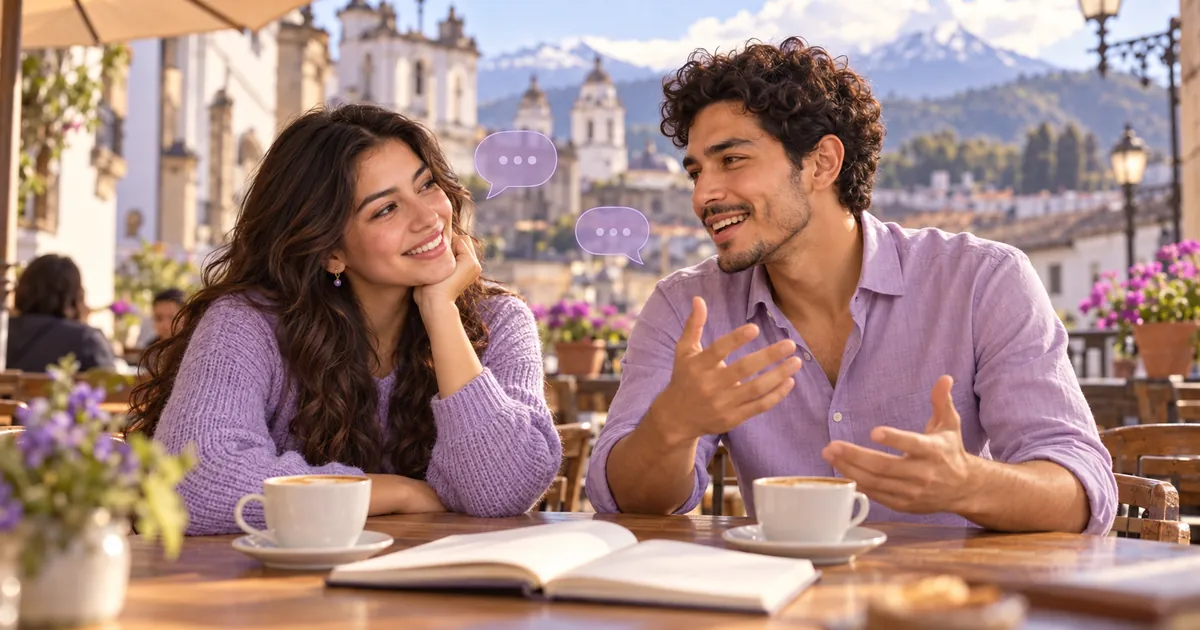 Valeria and Mateo chat in English at a café in Quito's historic center