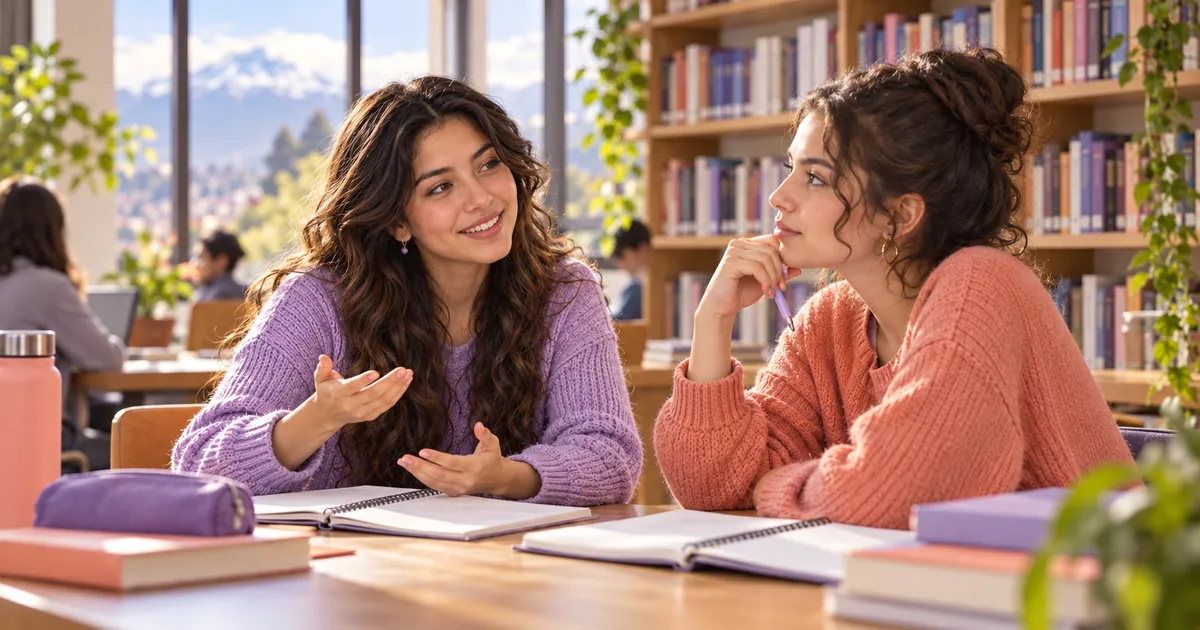 Valeria y una compañera practican preguntas en inglés en la biblioteca