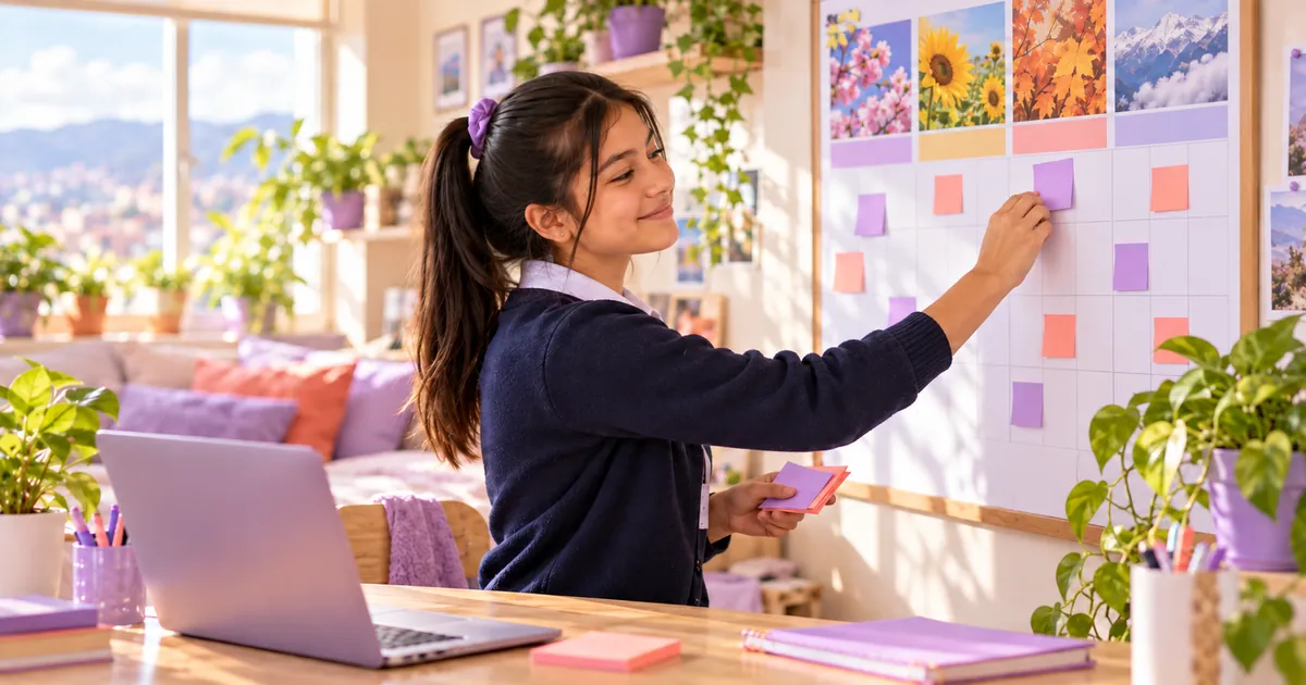 Camila organiza su año en un calendario de pared con notas de colores