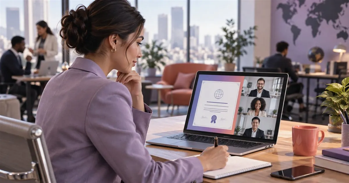 A professional reviewing a digital English certificate on their computer before a job interview
