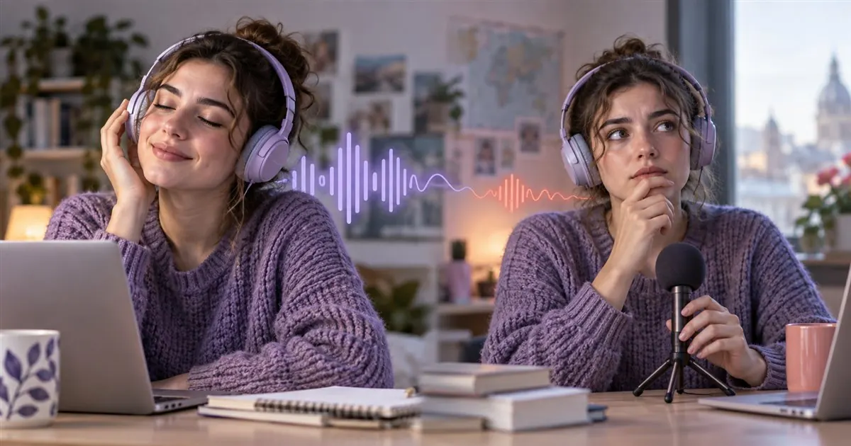 A person listening to English with headphones but hesitating when trying to respond out loud