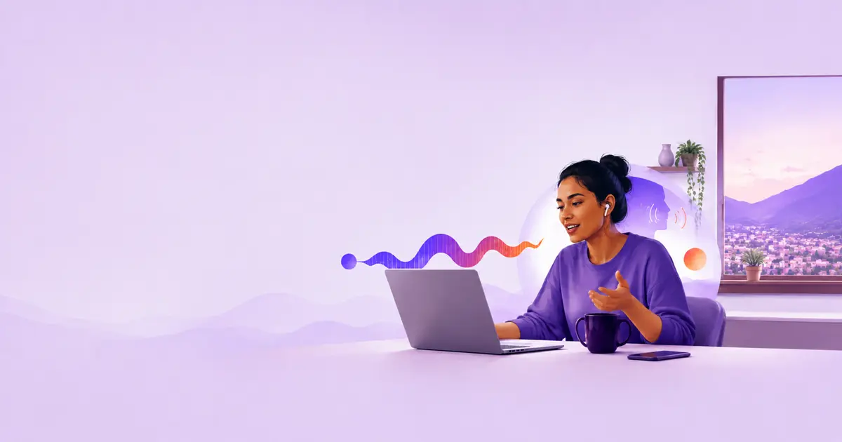 Ilustración editorial de una persona conversando en inglés con su Coach de IA