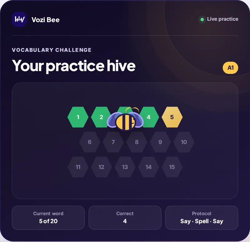 Vozi Bee preview: A1 spelling practice honeycomb