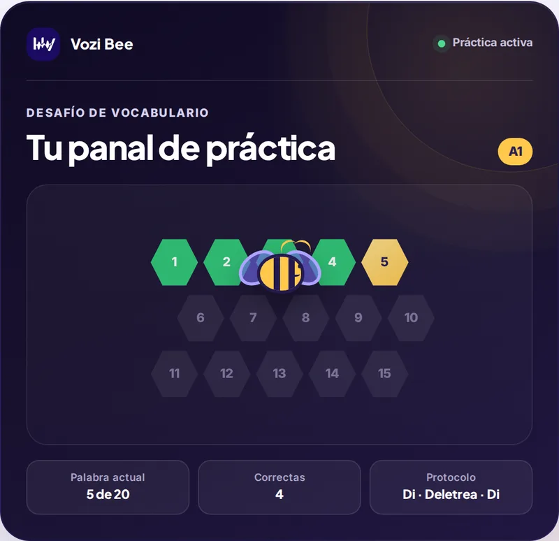 Vista de Vozi Bee: panal de práctica de deletreo de nivel A1