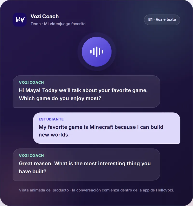 Vista de Vozi Coach: conversación en inglés sobre un videojuego favorito