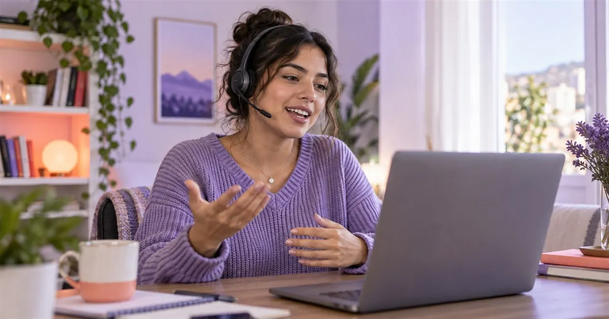 Estudiante practicando conversación en inglés con un coach de IA desde su laptop