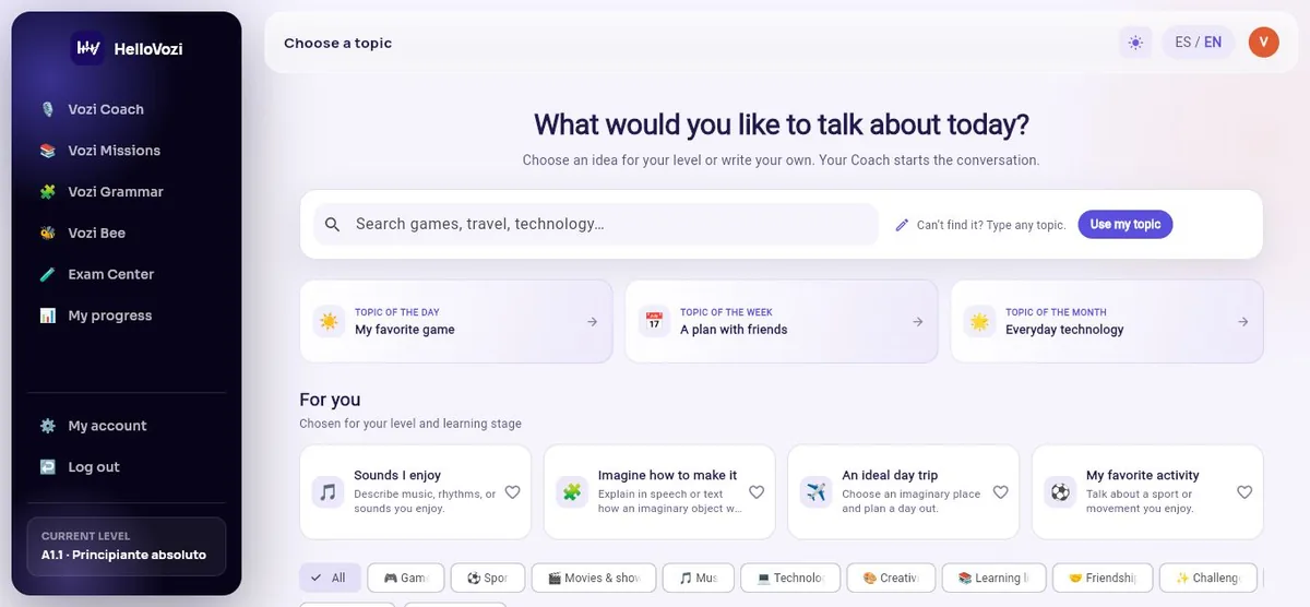 Current Vozi Coach interface in English for choosing conversation topics based on the learner's level