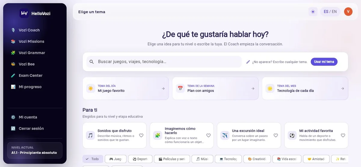 Interfaz actual de Vozi Coach para elegir temas de conversación según el nivel del estudiante