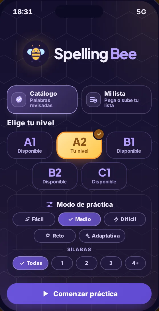 Pantalla de inicio de Vozi Bee para elegir nivel y modo de práctica