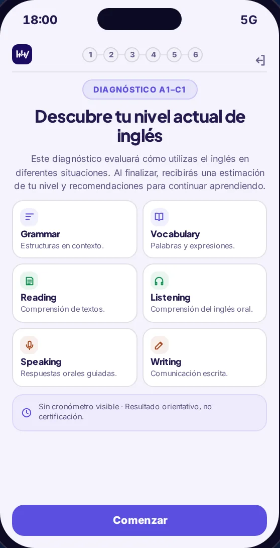 Pantalla de inicio del Placement Test de Vozi Exam con sus seis secciones