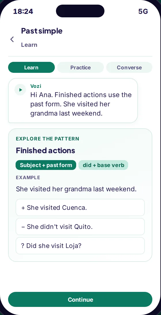 Lección de Vozi Grammar sobre el pasado simple