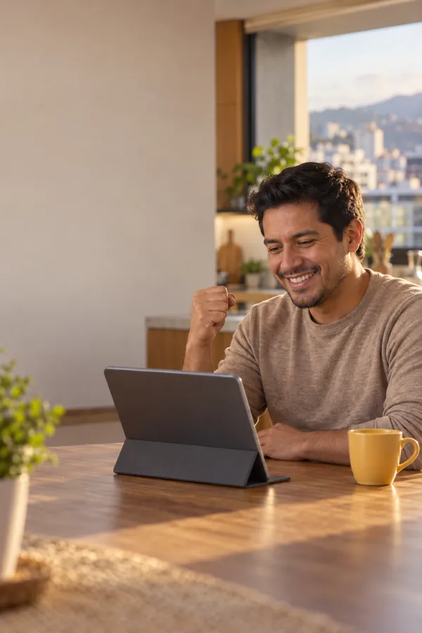 A man celebrates at home after spelling a word correctly on his tablet