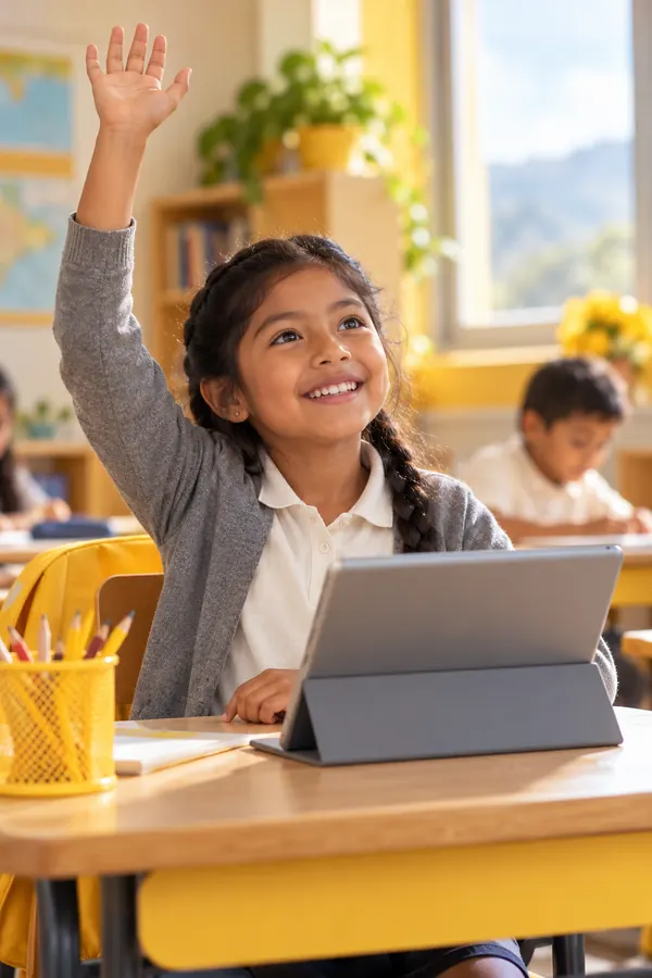 A girl raises her hand in class while practicing on a tablet