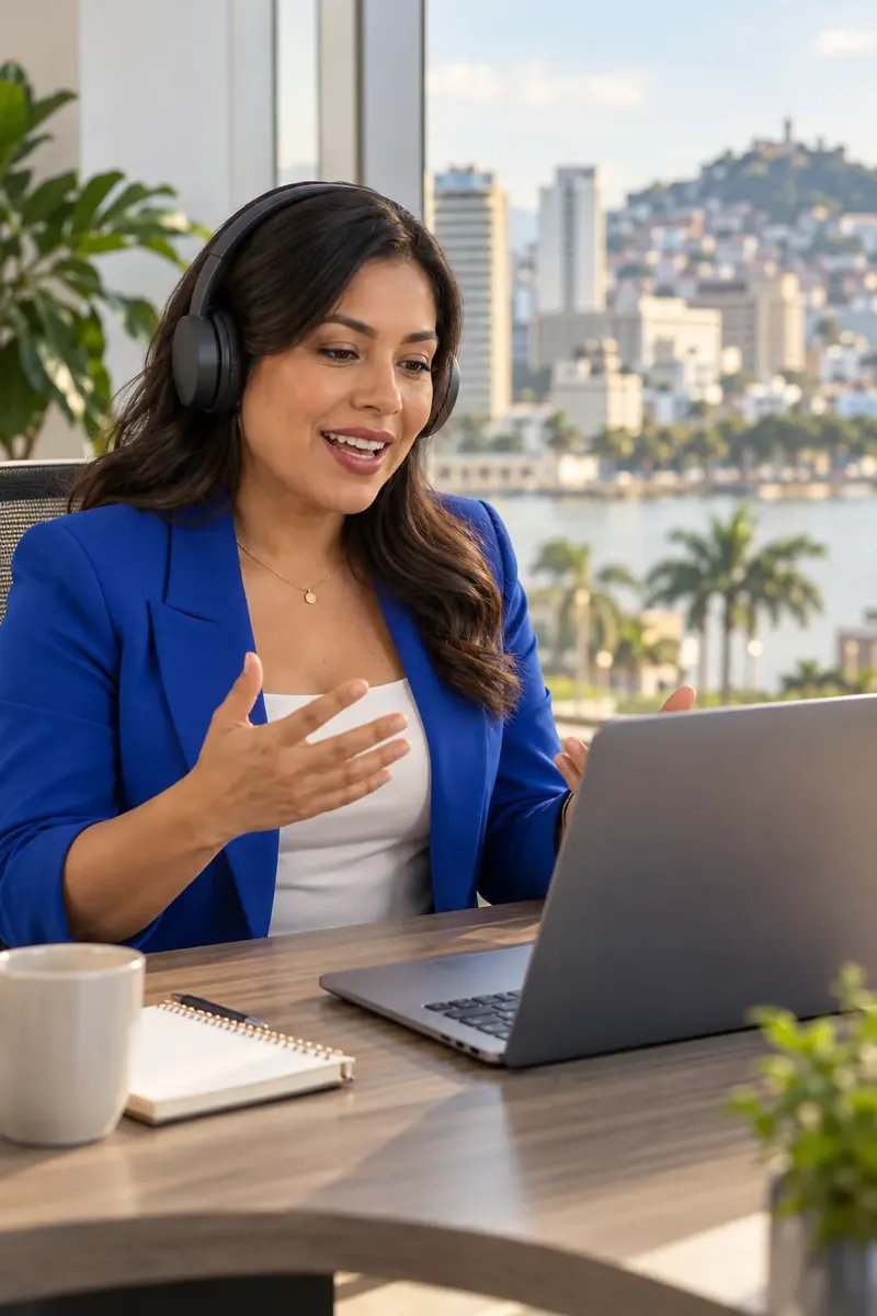 Una profesional con audífonos practica inglés por voz frente a su laptop