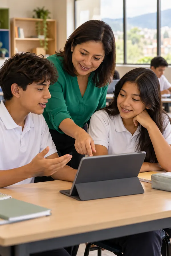 Docente acompaña a dos estudiantes que practican inglés con una tablet