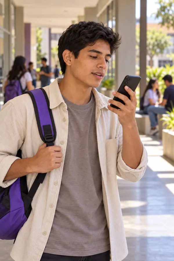 Estudiante universitario practica inglés con su celular en un pasillo de la universidad