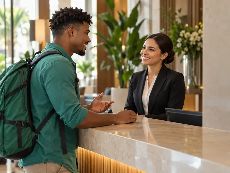 Un viajero conversa en inglés con la recepcionista de un hotel