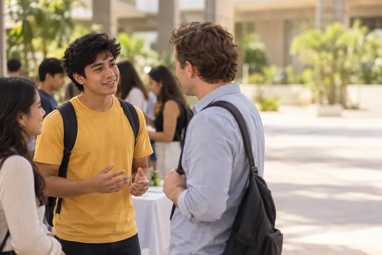 Estudiantes universitarios conversan en inglés en el patio de la universidad