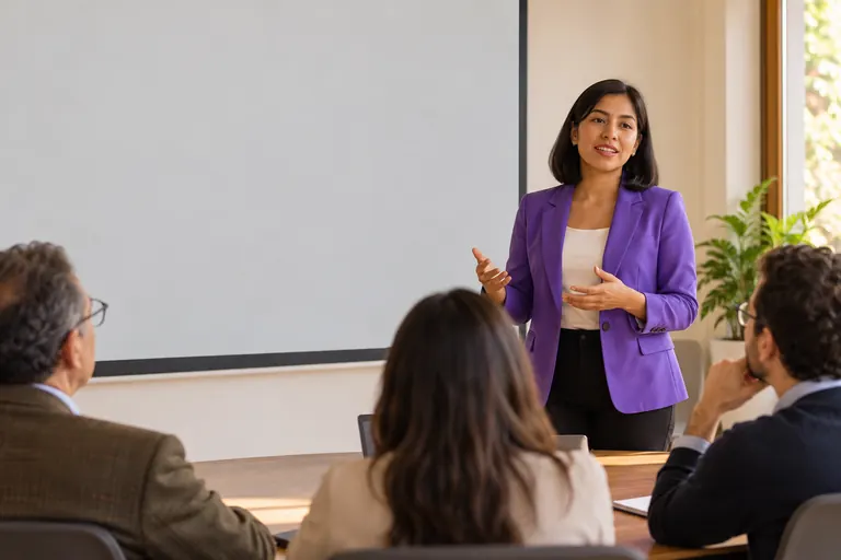 Una docente presenta frente a un grupo en una sala de reuniones